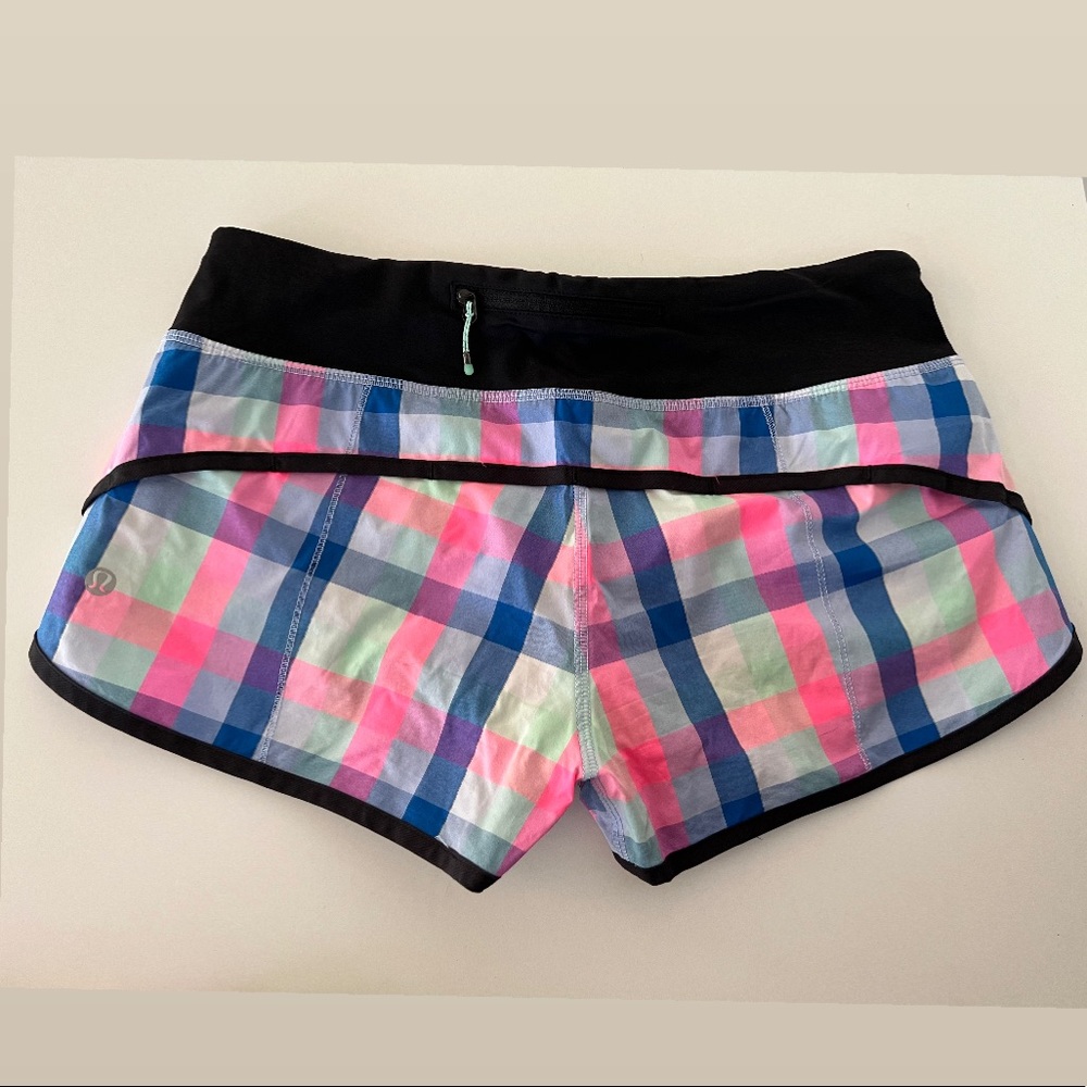 lululemon | Speed Short | blue + green + pink plaid print | size 6